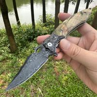 Couteau pliant artisanal en acier Damas avec manche en bois stabilisé, couteau de poche tactique pour collection ou cadeau