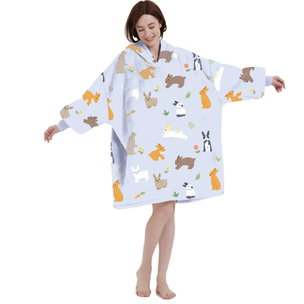 Customized Multiple Designs Colours Sleepwear Oversize Flannel Fleece Wearable Blanket Hoodies For Adults