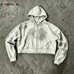 Dames 460GSM Heavyweight Gothic Borduurwerk Acid Wash Rits Crop Hoodie Oversized Y2K Grunge Streetwear Custom OEM - Product Image 2