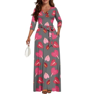 2024 nuevos productos personalizados Hawaii Life Anthurium flor estilo samoano estampado de talla grande Casual Sexy cuello en V <span class=keywords><strong>Maxi</strong></span> vestido estampado a pedido - Product Image 2