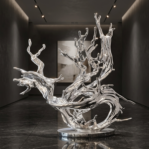 Sculpture abstraite moderne en résine, forme d'eau irrégulière, statue artistique, pièce décorative argentée pour hall d'hôtel et maison - Product Image 2
