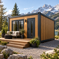 Maison conteneur moderne préfabriquée, mini-maison de bureau modulaire, design rectangulaire, extérieur beige avec terrasse en bois et grande fenêtre