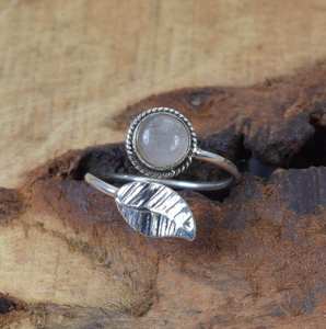 Quartz rose bague en argent Sterling réglable feuille Style pierre naturelle bijoux faits à la main Boho déclaration bague pour les femmes cadeau - Product Image 1
