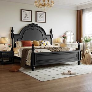 Cama Retro Negra de Madera Maciza de 1.8m, Tamaño King, Estilo Americano, Muebles de Dormitorio Vintage Franceses, Diseño con Caja de Almacenamiento - Product Image 4