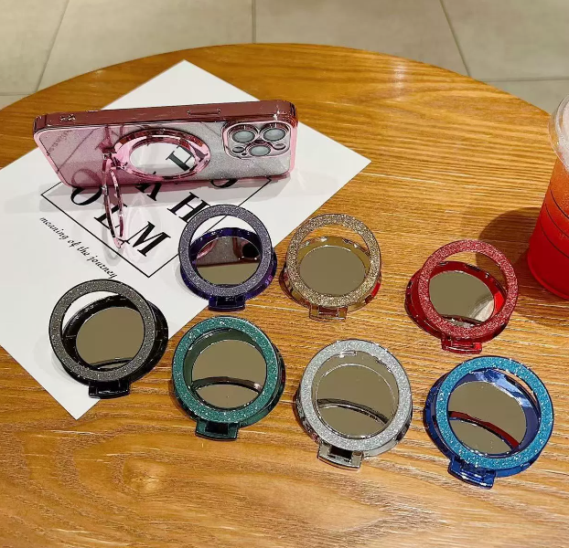 Foldable Luxury Cell Phone Ring Holder with Makeup Mirror Bracket Universal Phone Plating Stand