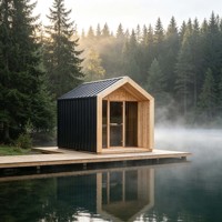 Sauna de Madera con Techo a Dos Aguas Lakeside Forest, con Calefacción Rápida, Vidrio Multicolor, Diseño Personalizado