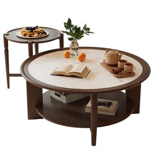Vintage Style Round <b>Coffee</b> <b>Table</b> <b>Set</b> <b>Marble</b> Top Solid Wood Living Room Furniture With Storage Shelf For Small Apartment - Product Image 5