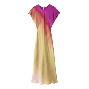 OUDINA Wholesale New Summer Tie Dye Print Waist Short Sleeve Dress Lady Elegant Long Bodycon Casual Dresses