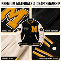 Veste universitaire personnalisée pour homme, noire et crème, avec boutons-pression, marque privée OEM, veste de baseball en chenille avec patchs, veste Letterman personnalisée
