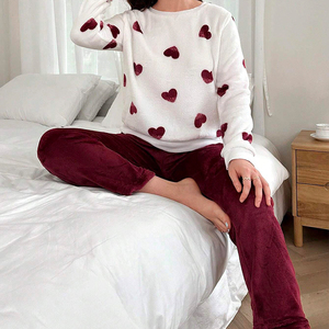 Flannel khối màu in hình trái tim dài tay áo Bộ đồ ngủ dày Bộ Mùa thu mùa đông ấm áp phụ nữ quần áo nhà - Product Image 5