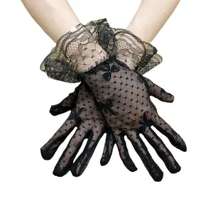 Mode court mariage gants de mariée noir Nylon résille maille élastique dentelle poignet gants pour dames femmes gants de fête