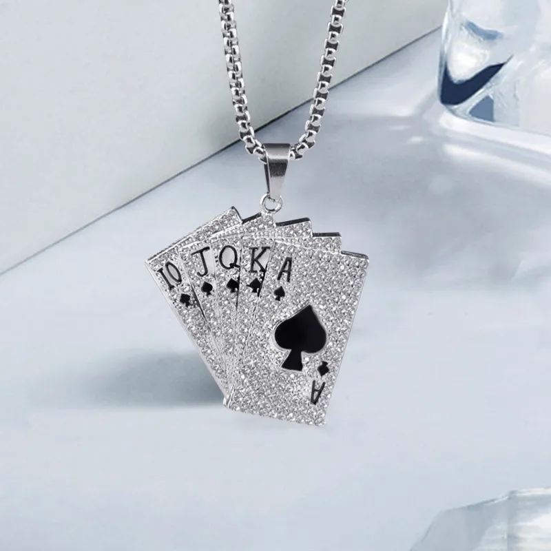 Hip Hop Square Plate Anhänger Choker Halskette Versilberte Edelstahl Box Chain Full Diamond Inlay Spades Poker Halskette