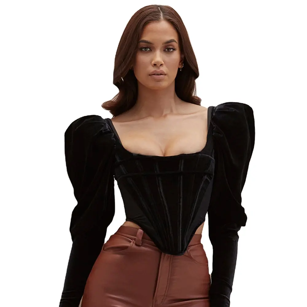 2021 womens clothing blouse velour velvet fashion sexy black boned corset top women long puff sleeve corset tops with sleeves