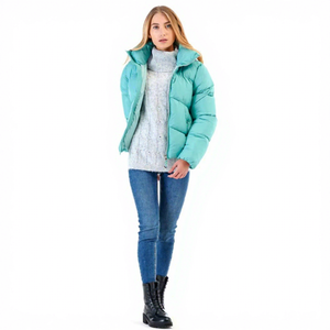 Veste matelassée unisexe turquoise écologique à capuche avec fermeture éclair coupe-vent décontractée pour l'hiver, rembourrage en coton épais - Product Image 3