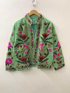 <b>Green</b> Embroidery TNT Suzani <b>Velvet</b> Handmade Animal Print Winter <b>Jacket</b> with Button Cotton Filling Boho Outerwear Gift for Her - Product Image 1