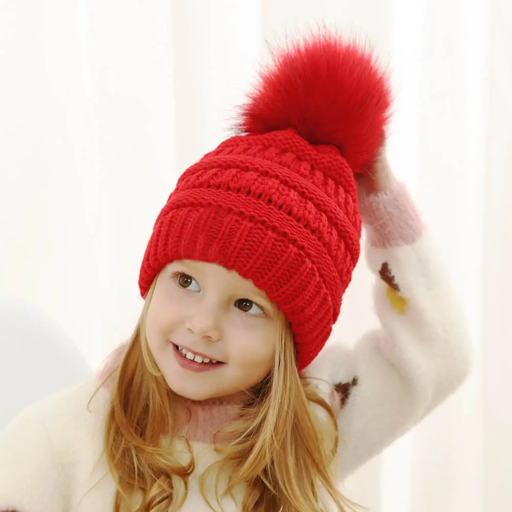 2022 नई आगमन बच्चों लड़के लड़कियों शीतकालीन गर्म बुनना Beanie टोपी फर PomPom के साथ सामान सेट नरम गरम सामग्री