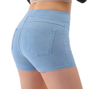Shorts en jean taille haute pour femme, couleur unie, taille élastique, style décontracté avec poches, respirant, coupe régulière, délavé - Product Image 2