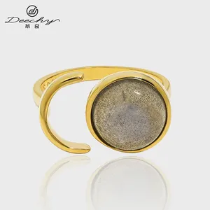 Anillo de plata de ley S925 de feldespato redondo a precio de fábrica, anillos de tamaño ajustable, joyería para mujer, anillo de piedra lunar