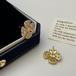 S925 Pure <b>Silver</b> Micro-Inlaid Zirconium Antiqued Leaf Style <b>Stud</b> Earrings Shiny Simple Compound Design - Product Image 3