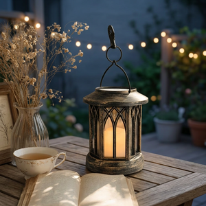 Lanterne marocaine de style farmhouse avec finition en bois rustique, porte-bougie en verre pour table, étagère et décoration de jardin - Product Image 1
