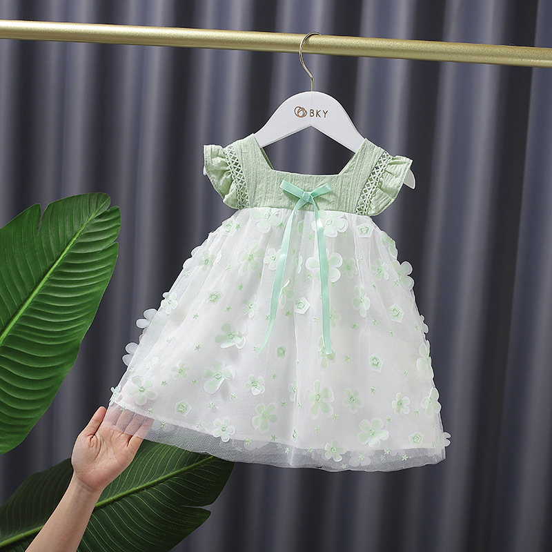 Летнее Сетчатое платье для девочек Sunny Baby, модное ТРАПЕЦИЕВИДНОЕ платье с рукавами-фонариками и цветочным принтом