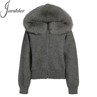 Vêtements d'extérieur chauds cardigan tricoté veste fermeture éclair vente en gros doux hiver luxe grand col en vraie fourrure de renard à capuche pull personnalisé pour femmes