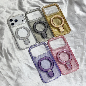 Luxury Glitter holder Clear Magnetic Mobile Phone <b>case</b> for <b>iPhone</b> 17 Air 16 15 14 Pro Max Diamond stand Frame Bracket back Cover - Product Image 1