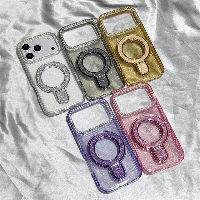Luxury Glitter holder Clear Magnetic Mobile Phone case for iPhone 17 Air 16 15 14 Pro Max Diamond stand Frame Bracket back Cover