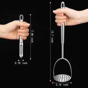 VOOVAO 手动长柄土豆捣碎器带削皮器 易于清洁 304 不锈钢 可用洗碗机清洗 - Product Image 2