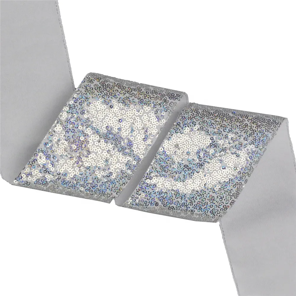 New Arrival 3 Inch 75mm Sparkly Fabric Glitter Silver White Lace Sequin Ribbon