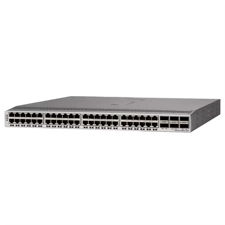 مفتاح مركز البيانات N9K-C93108TC-FX3P يحتوي على 48 منفذًا يمكن تركيبه على رف مُدار مع 4 أقسام من طراز QSFP-100G-PSM4-S أو QSFP-100G-SR4-S