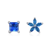 OEM Quadrat Sterling Silber Blume 5A Zirkonia Ohr stecker Fein Einzigartig Sommer Niedlich Kinder Blau Günstige Mädchen Saphir Ohrringe