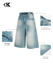 11KN Unisex Custom Wide Leg Denim <strong>Shorts</strong> - Vintage Washed <strong>Shorts</strong> with YKK Zipper Stereoscopic Cutting Premium Lightweight Denim - Product Image 2