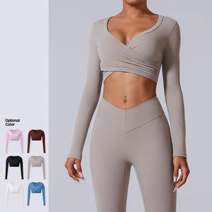 Logotipo personalizado Wrap Ballet Pilates Yoga Top con cuello en V elástico apretado manga larga cepillado <span class=keywords><strong>mujer</strong></span> Crop Top venta al por mayor de lujo de moda - Product Image 1