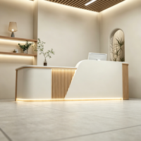 Bureau d'accueil moderne et minimaliste avec bande lumineuse LED, comptoir en bois cannelé pour salon de beauté, spa, hôtel, bureau