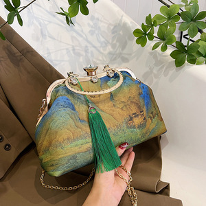 Retro Chinese Style Women's Shell <b>Handbag</b> With Bamboo Handle And Tassel <b>Chain</b> Shoulder Bag For Everyday Use - Product Image 4