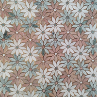 Mosaïque de marbre vert, blanc et rose à motif floral, avec support en maille, en pierre naturelle pour mur de salle de bain et crédence de cuisine