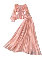 Ensemble de robe de style français pour femmes, haut à col carré orné de perles et de fleurs en trois dimensions, jupe longue, ensemble deux pièces, robe de soirée