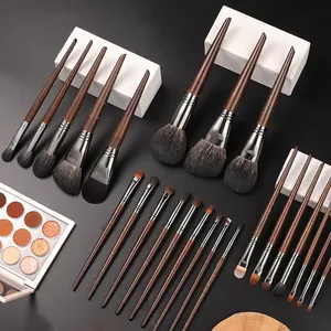 24 Pcs Brown Make Up Brushes Wool Horse Pony Wolf Tail Hair Cosmetic Brown Wood Handle 24 Piece Animal Hair Makeup Brush Set