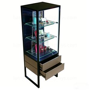 Vitrine de présentation de parfums avec tiroirs de rangement, en métal et en verre, sur pied, pour produits de soin de la peau de luxe en magasin de détail - Product Image 6