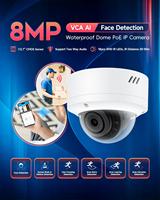 Cámara IP Domo con IA VCA de 8MP, Detección Facial, PoE, Impermeable, Detección de Personas y Vehículos, Audio Bidireccional, Visión Nocturna IR