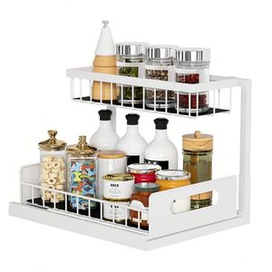 Organisateur de rangement sous évier à 2 niveaux en métal pour salle de bain, avec tiroirs coulissants pour fruits et légumes et organisateur de câbles - Product Image 2
