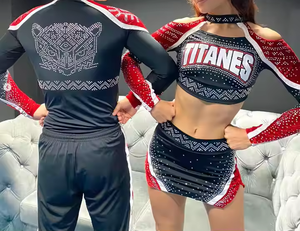 Personnalisable Hommes Femmes Cheerleading Uniformes Spandex Cheer Wear Sets Imprimé Strass Techniques Adultes OEM Service - Product Image 1