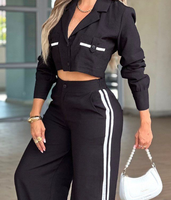 Ensemble 2 pièces pour femmes, veste courte à col rabattu à manches longues, pantalon large en polyester tissé