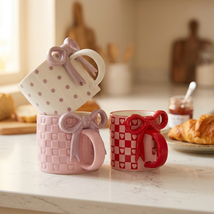 Creative Bow Handle Heart Ceramic Mug with Checkerboard Pattern for Home Decoration and Business Gifts - Product Image 1