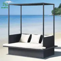Factory Top Sale Grey Canopy Double Chaise Garden Rattan Wicker Lounge Daybed