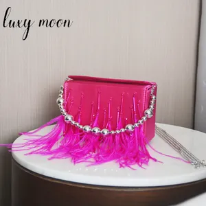 Excellent Quality Handmade Ostrich Hair Tassel Clutch Silk Evening Bags And Pearl Chain Wedding Bride Bags For Party FE699