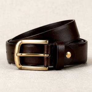 Ceinture en cuir véritable marron uni avec boucle ardillon rectangulaire en cuivre, décontractée et durable pour homme - Product Image 1