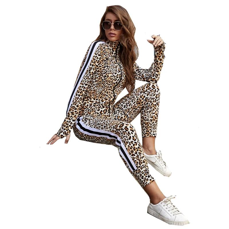 Бархатный топ на молнии с боковой полосой, наряд с удлиненными брюками, осенняя спортивная одежда леопардовой расцветки для тренировок и отдыха, женские комплекты из двух предметов