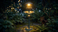 Bassin à oiseaux en résine en forme de feuille de lotus, à montage facile, alimenté par énergie solaire, écologique, résistant à la rouille, avec lumière LED intégrée et support remplissable pour
